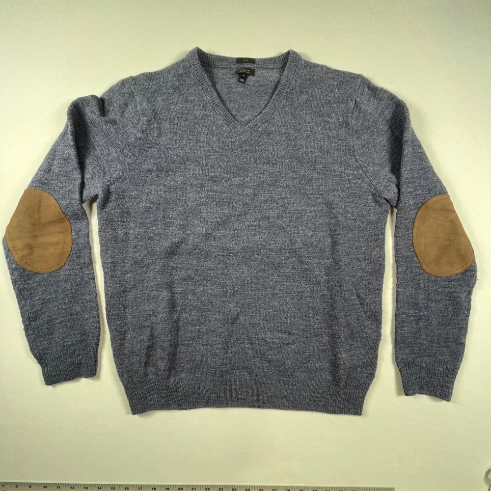 J. Crew Merino Wool Sweater V-Neck Elbow Patch‎ Slim Fit Blue XL